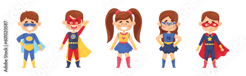 Smiling Boy and Girl Character in Superhero Costume and Cloak Standing Ready to Save the World Vector Illustration Set