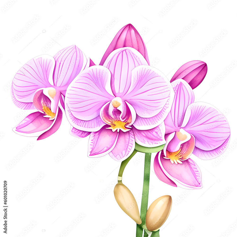Obraz premium Watercolor illustration of orchid flowers on a white background. Generative AI