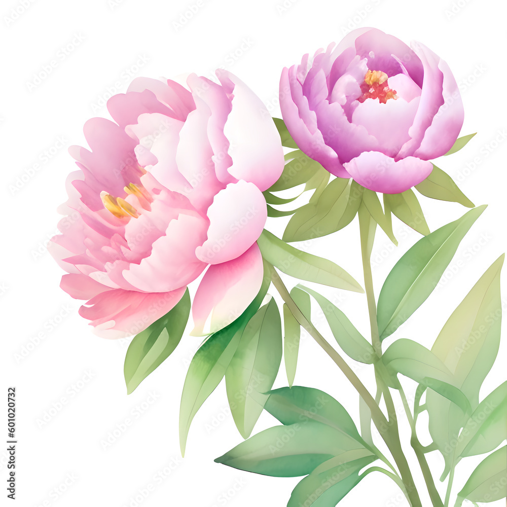Watercolor illustration of peonies flowers.. Generative AI