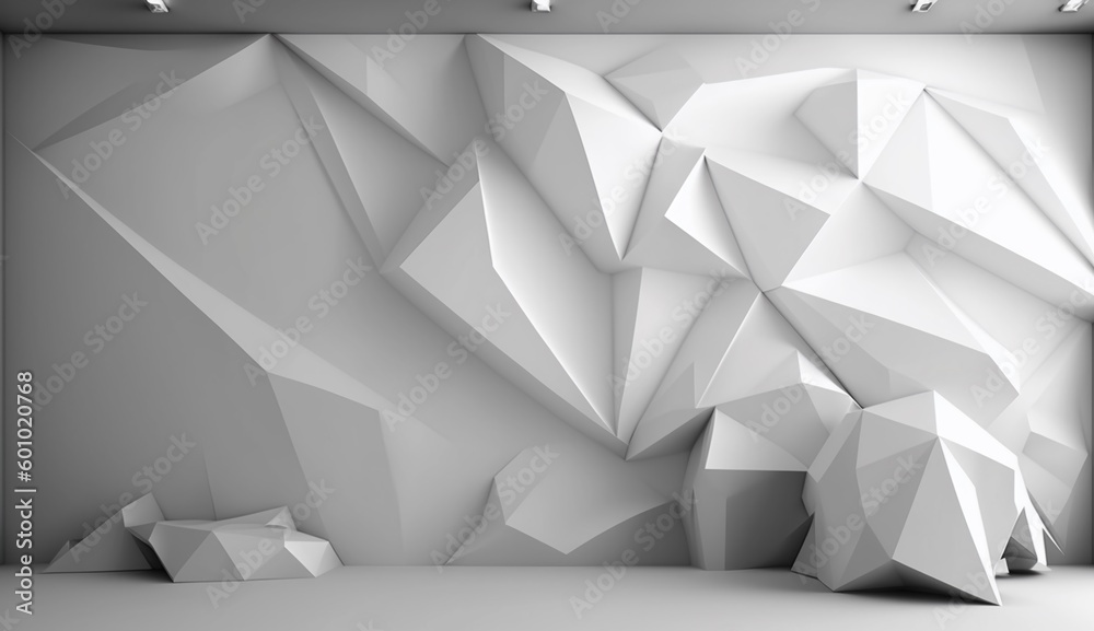 Abstract White 5D Interior with Polygonal Pattern on Wall Abstract White 5D Interior with Polygonal Pattern on Wall