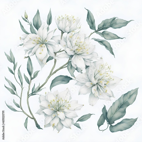 Illustration of jasmine flowers in assorted watercolors as a collage. AI Generated illustrations