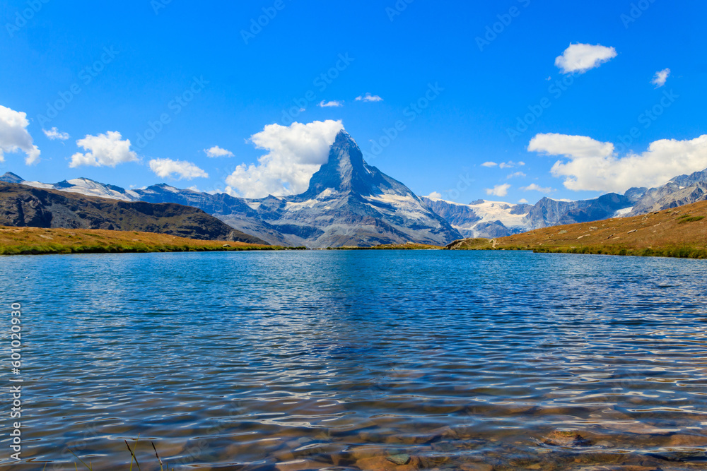 View of Stelli Lake (Stellisee) and Matterhorn mountain at summer in Zermatt, Swiss Alps, Switzerland