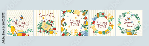 Rosh Hashana Jewish Holiday Greeting Card with Attributes and Symbolic Food Vector Set