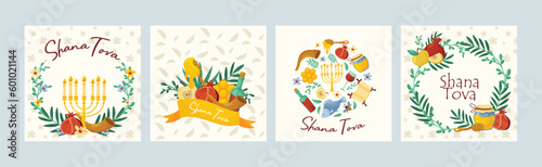 Rosh Hashana Jewish Holiday Greeting Card with Attributes and Symbolic Food Vector Set
