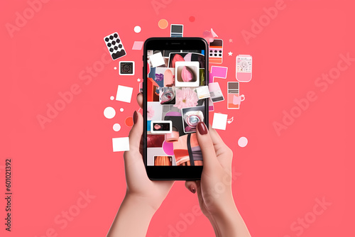 A hand holding a phone with a pink background and a bunch of different icons on it. Generative AI photo