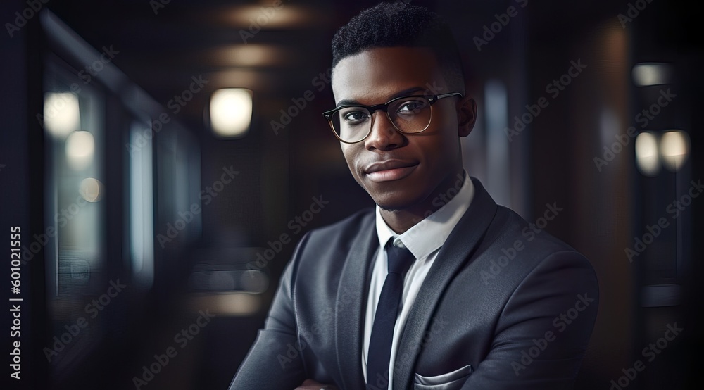 A fictional person. Cheerful African Businessman in Office