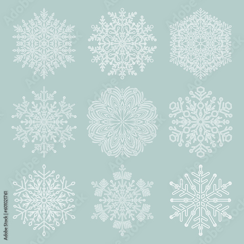 Set of snowflakes. White round winter ornaments. Snowflakes collection. Snowflakes for backgrounds and designs