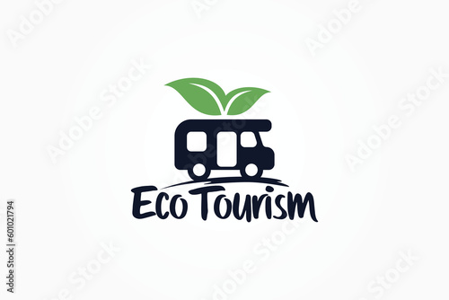 eco tourism logo with a combination of an rv car and leaves