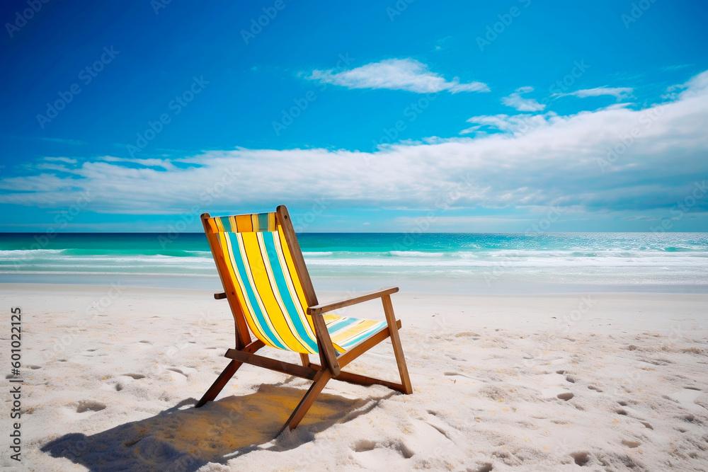 Turquoise and yellow striped chair on the sand of the beach. Generative AI Turquoise and yellow striped chair on the sand of the beach. Generative AI