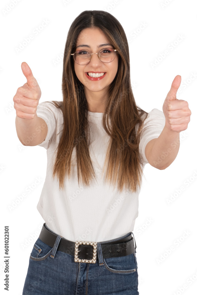 I like it, joyful caucasian brunette young girl showing two thumbs up. Smiling camera. Portrait of beautiful lady, isolated transparent png. Copy space. Long hair. Wearing casual and jeans. I like it, joyful caucasian brunette young girl showing two thumbs up. Smiling camera. Portrait of beautiful lady, isolated transparent png. Copy space. Long hair. Wearing casual and jeans.
