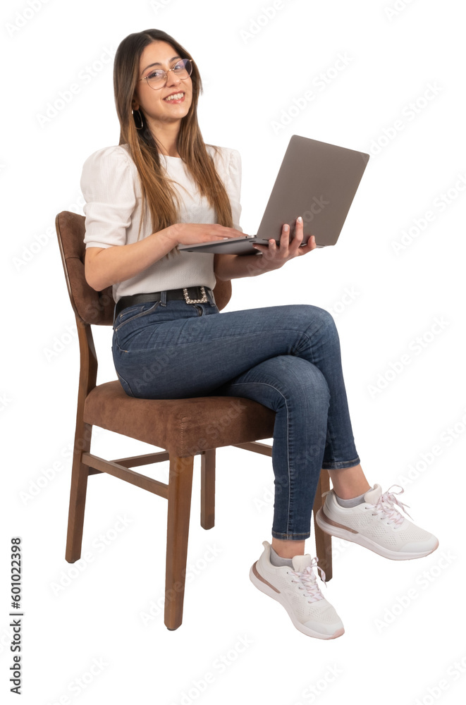 Cheerful woman using laptop, full body shot cheerful woman using laptop. Beautiful attractive young 30x girl wearing casual working on notebook. Looking camera, transparent png image. Copy space. Cheerful woman using laptop, full body shot cheerful woman using laptop. Beautiful attractive young 30x girl wearing casual working on notebook. Looking camera, transparent png image. Copy space.