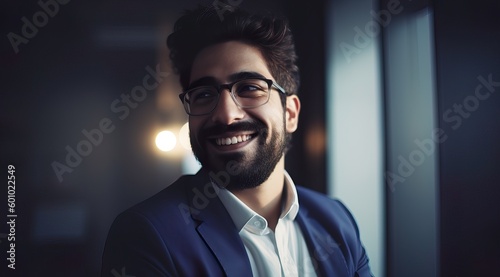 A fictional person. Cheerful Arab Businessman in Office