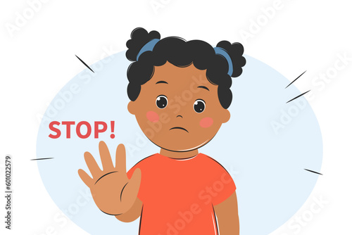 Child girl says stop. Person protecting personal boundaries concept. Violate personal space. Behavior in society. Vector illustration