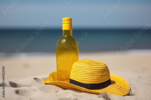 Sunscreens for the skin Summer hat bottle on the sand against background of the sea generative ai