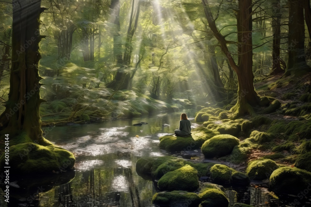 A person meditating in a peaceful forest. Generative AI
