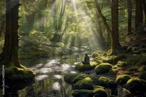 A person meditating in a peaceful forest. Generative AI