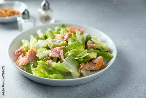 Leaf salad with hot smoked salmon
