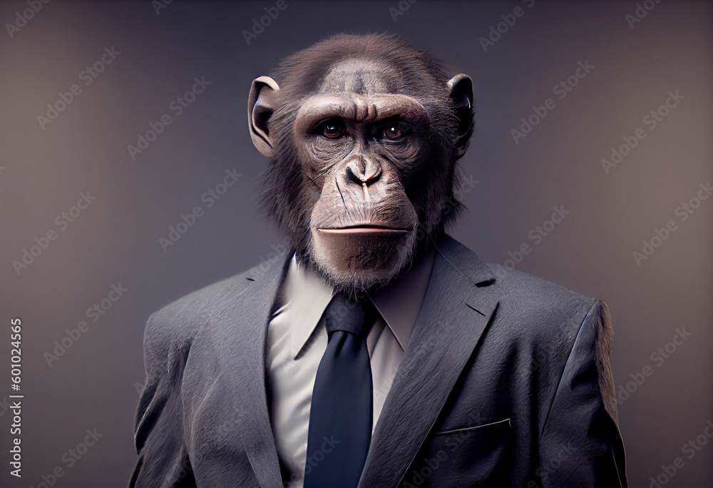 Portrait of a Chimpanzee dressed in a business suit in a studio photo. Generative AI. Portrait of a Chimpanzee dressed in a business suit in a studio photo. Generative AI.
