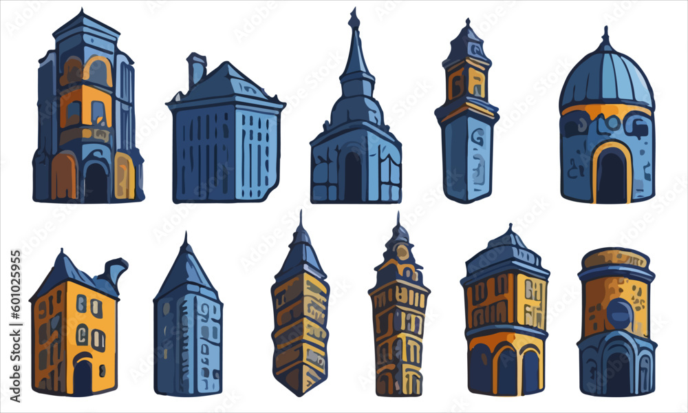 Vector Collection of string buildings in flat style. Lovely houses in the old town.