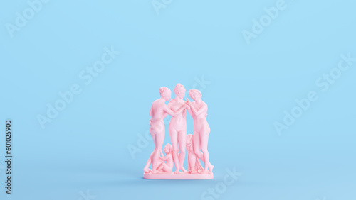 Pink The Three Graces Daughters Of Zeus Sculpture Statue Embracing Greek Roman Goddesses Blue Kitsch Background 3d illustration render digital rendering