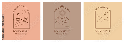 Linear emblems with abstract mountain landscapes in boho style. Travel logos with mountains or desert dunes. Aurora lights, moon and stars. Modern bohemian icons or symbols, oriental outline branding