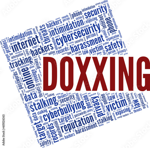 Doxxing word cloud conceptual design isolated on white background.