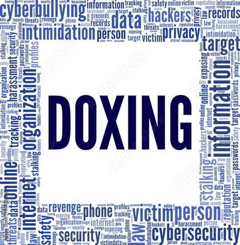 Doxxing word cloud conceptual design isolated on white background.