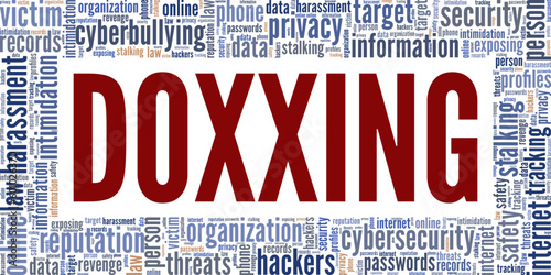 Doxxing word cloud conceptual design isolated on white background.