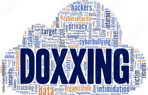 Doxxing word cloud conceptual design isolated on white background.