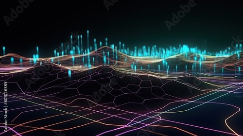 Abstrakt verbundene Punkte und Linien. Bewegung des digitalen Datenflusses. Kommunikations- und Technologie und Netzwerke Konzept mit sich bewegenden Linien und Punkten. 3D-Rendering, generative AI