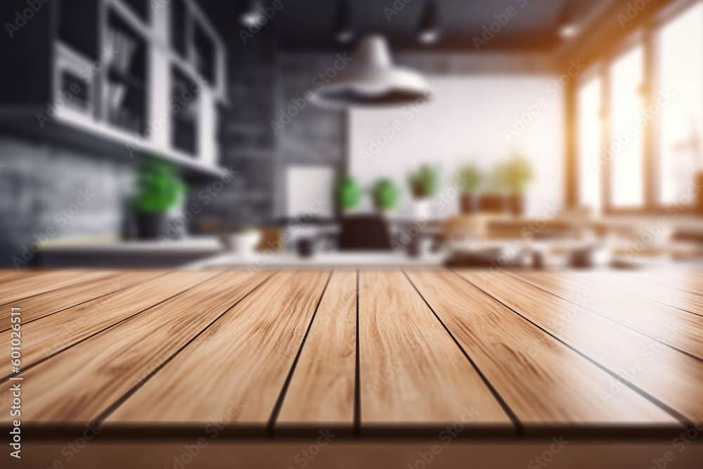 blurred kitchen background and wooden display table -Ai blurred kitchen background and wooden display table -Ai