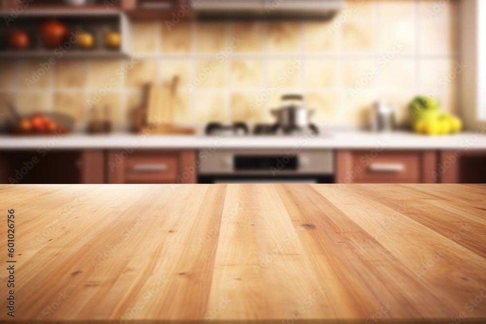 blurred kitchen background and wooden display table -Ai blurred kitchen background and wooden display table -Ai