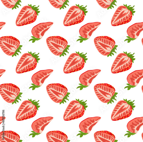 Slices of ripe strawberries. Seamless pattern in vector. Bright summer pattern. Suitable for prints and backgrounds.
