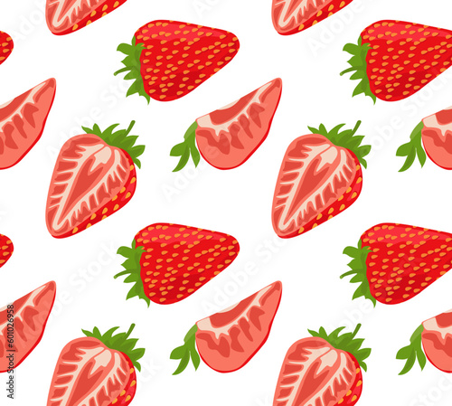 Fototapeta Naklejka Na Ścianę i Meble -  Strawberries whole and cut into pieces with leaves. Seamless pattern in vector. Bright summer pattern. Suitable for prints and backgrounds.