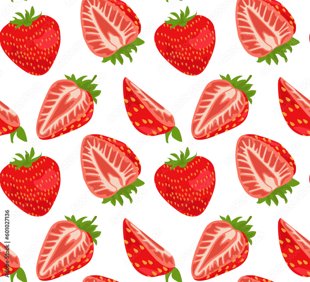Vector seamless pattern with strawberries whole and cut into slices. Summer pattern. Suitable for prints and backgrounds.