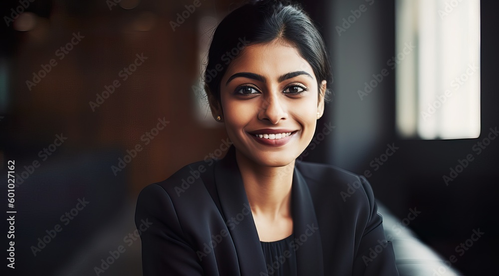 Fototapeta premium A fictional person. Cheerful Indian Businesswoman in an Office