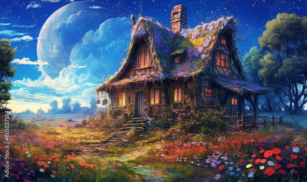 Obraz premium Zauberhafte Landschaft mit einem alten Haus. generative KI