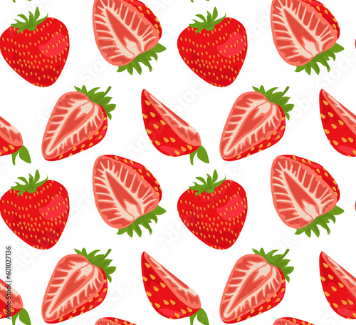Fototapeta Naklejka Na Ścianę i Meble -  Vector seamless pattern with strawberries whole and cut into slices. Summer pattern. Suitable for prints and backgrounds.