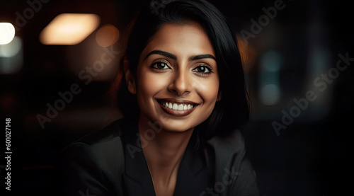 A fictional person. Cheerful Indian Businesswoman in an Office