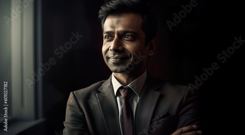 A fictional person. Cheerful Indian businessman in office