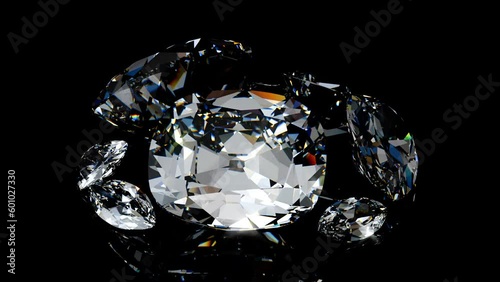 Nine the biggest Cullinan diamonds rotating on black glossy background. Seamless 3d animation