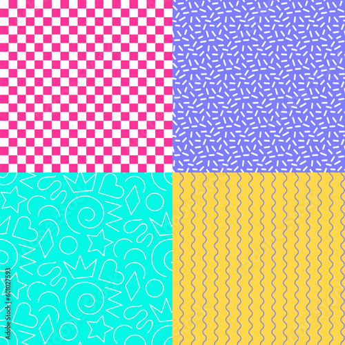 Set of fun colorful 90's-00's seamless pattern. Vivid creative abstract background collection for kids stuff. Vector simple childish scribble print textures.