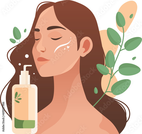 Beautiful young woman applying natural eco cosmetic product on face. Woman and green plant. Skin care banner. Skincare routine, mask and cosmetics. Vector illustration. Cleansing and moisturizing.