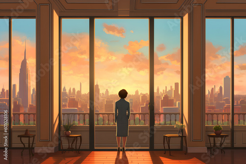 Woman looking through a window at the city skyline, Generative AI