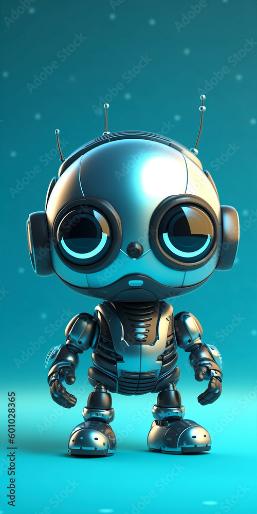 Generative IA illustration of a cute robot standing against blue radial gradient background