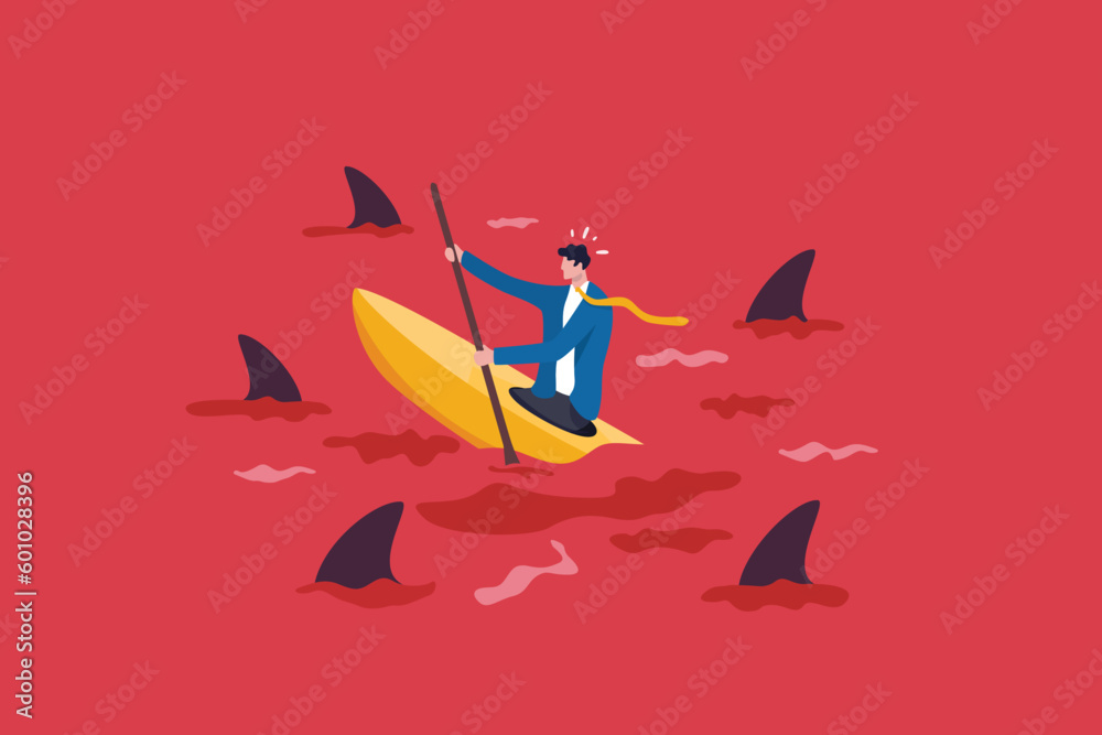 Red ocean market, high competition industry with too many competitors, intense market with challenge or difficult to success concept, businessman in kayak trying to survive in red ocean with sharks. - obrazy, fototapety, plakaty 