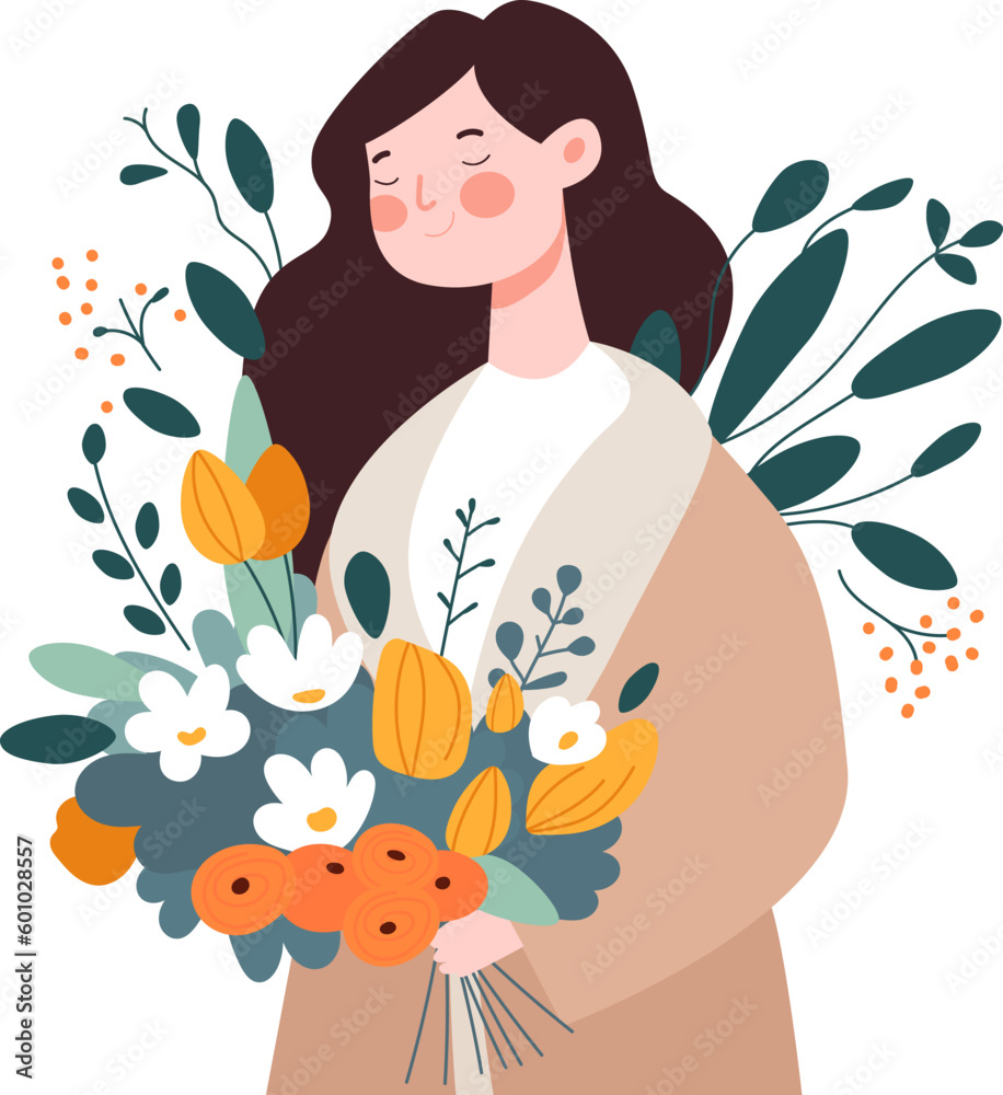 Postcard template for women's day.Beautiful woman with a flower bouquet of spring flowers, leaves. Happy Women's Day wish. Modern festive vector illustration for 8 March celebration. Postcard template for women's day.Beautiful woman with a flower bouquet of spring flowers, leaves. Happy Women's Day wish. Modern festive vector illustration for 8 March celebration.