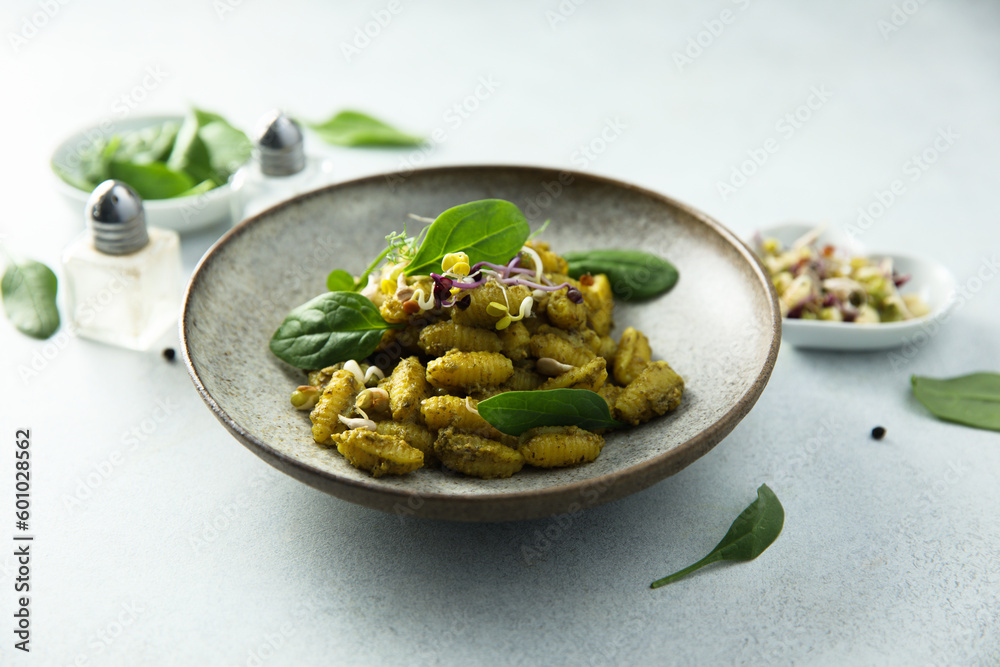 Homemade pasta with spinach pesto Homemade pasta with spinach pesto