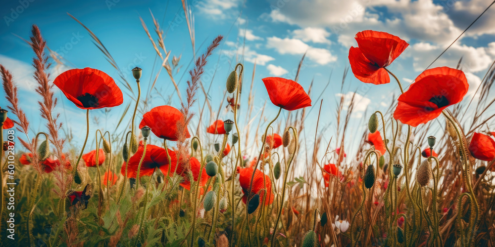 Obraz premium Amazing poppy field landscape against blue sky. Generative AI