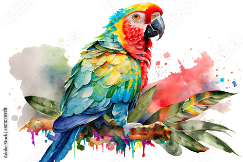 Ara macaws are large striking parrots with vividly coloured plumage. Watercolor illustration on a white background. Generative AI. © Julitt